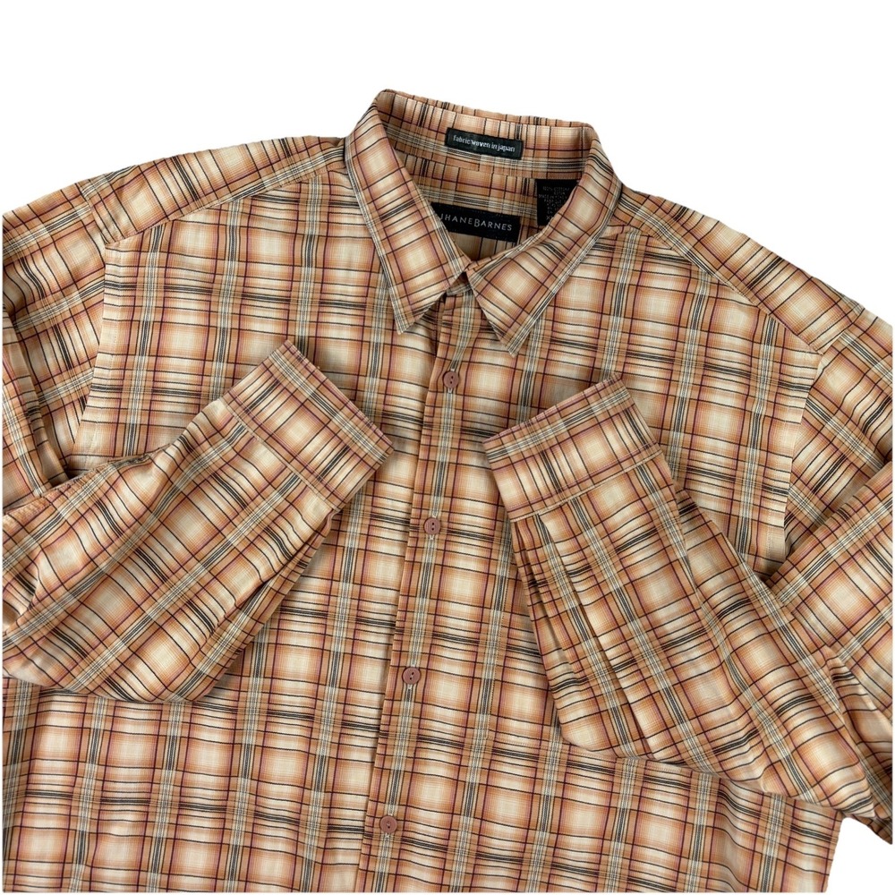 Jhane Barnes Shirt Mens Large Orange Woven Plaid Cotton Button Down Japan Fabric